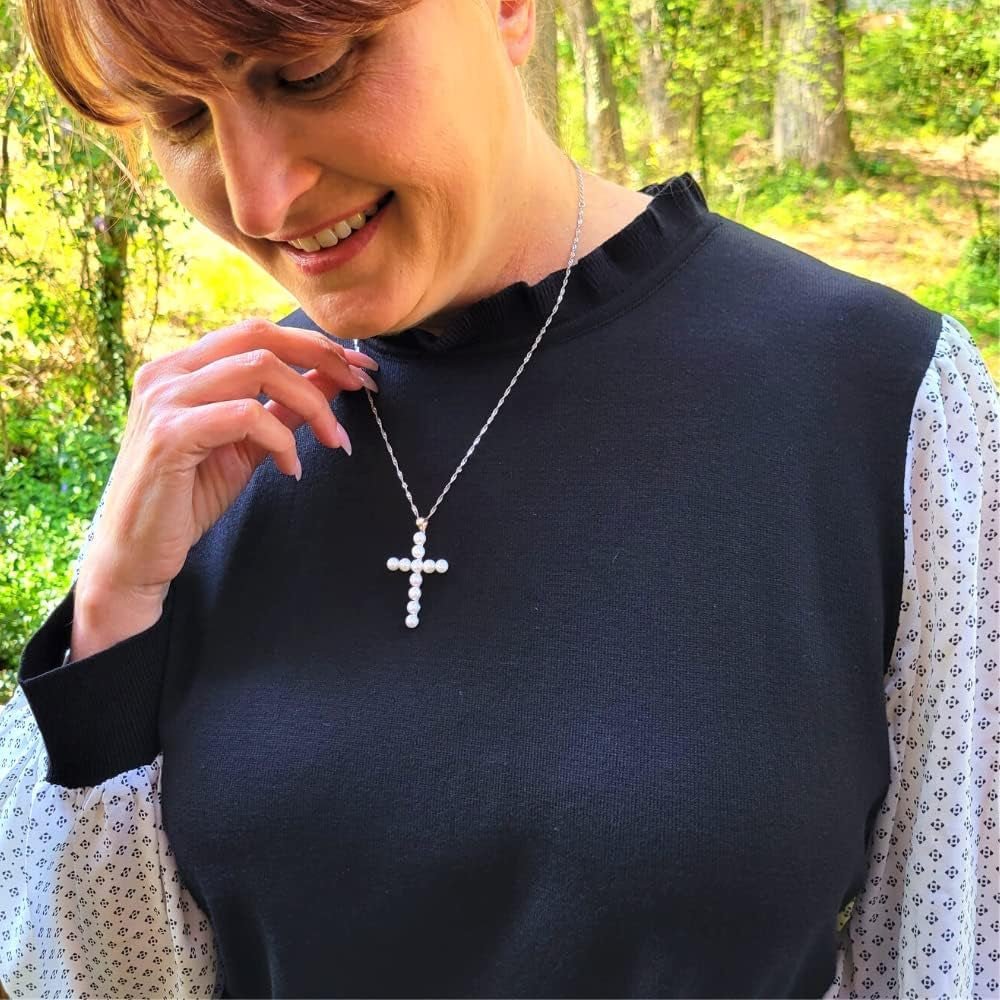 Freshwater Pearl Cross Necklace - Adjustable 20" Pearl Cross Pendant - Silver Christian Jewelry - Faith Jewelry Gift for Christmas, Wedding, Anniversary - WORLD TIME VISITS