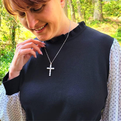 Freshwater Pearl Cross Necklace - Adjustable 20" Pearl Cross Pendant - Silver Christian Jewelry - Faith Jewelry Gift for Christmas, Wedding, Anniversary - WORLD TIME VISITS