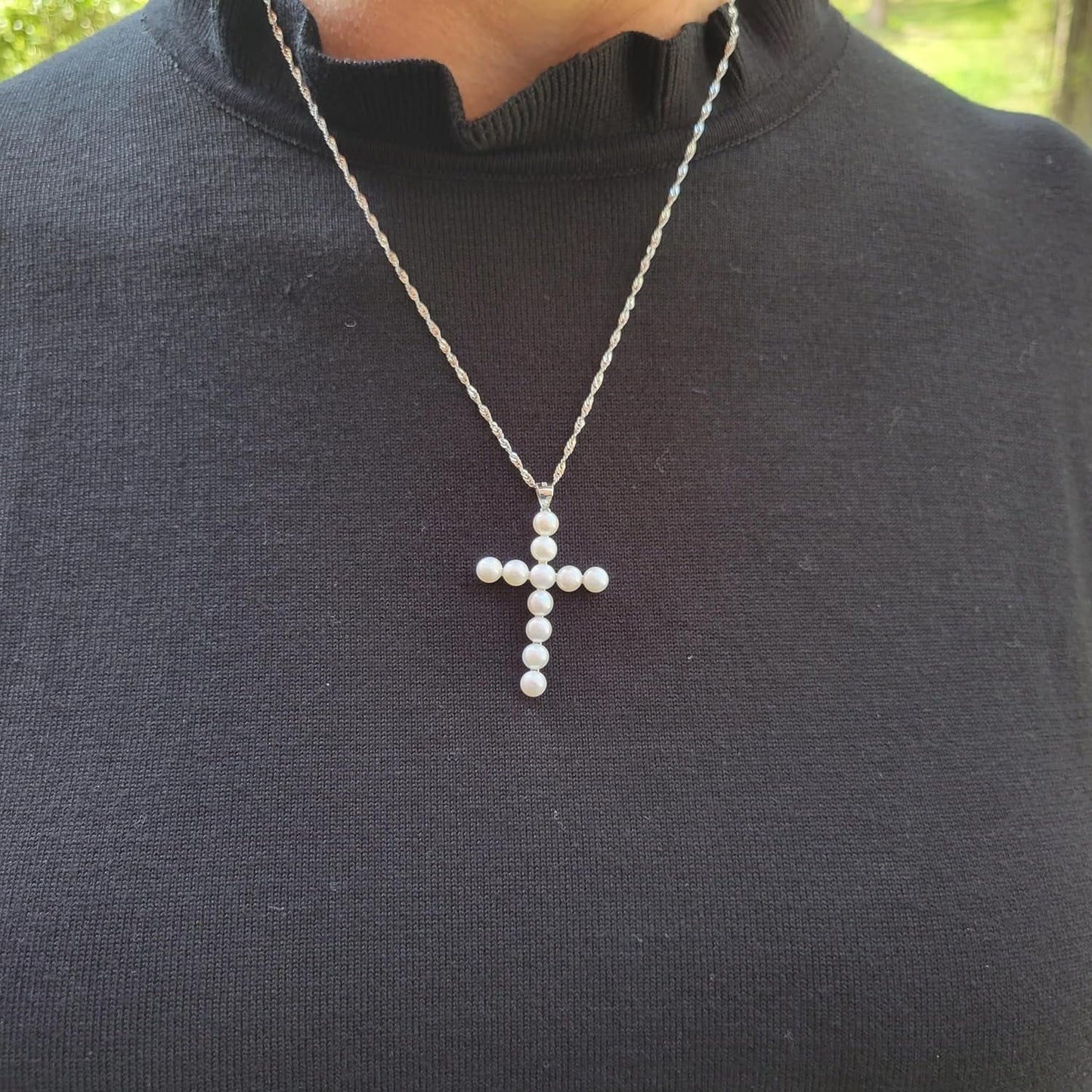 Freshwater Pearl Cross Necklace - Adjustable 20" Pearl Cross Pendant - Silver Christian Jewelry - Faith Jewelry Gift for Christmas, Wedding, Anniversary
