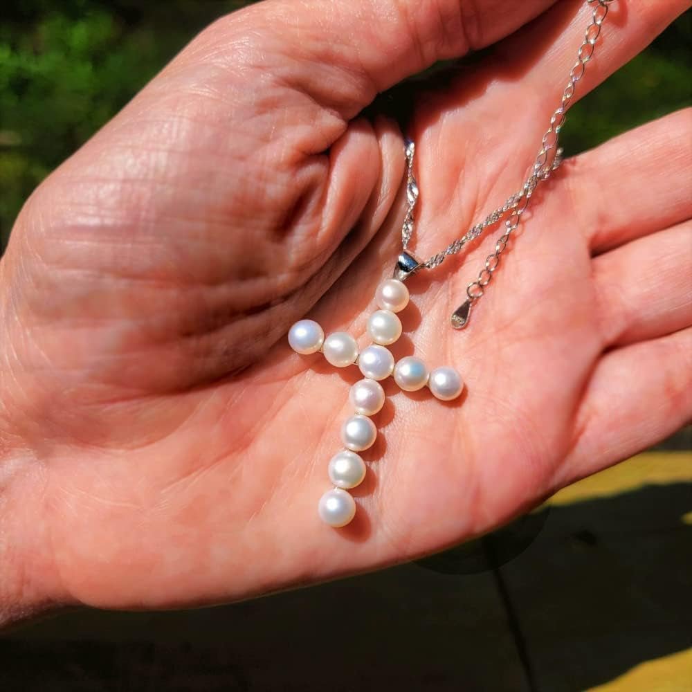 Freshwater Pearl Cross Necklace - Adjustable 20" Pearl Cross Pendant - Silver Christian Jewelry - Faith Jewelry Gift for Christmas, Wedding, Anniversary - WORLD TIME VISITS