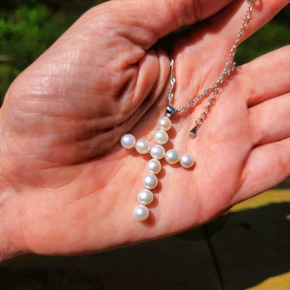 Freshwater Pearl Cross Necklace - Adjustable 20" Pearl Cross Pendant - Silver Christian Jewelry - Faith Jewelry Gift for Christmas, Wedding, Anniversary - WORLD TIME VISITS