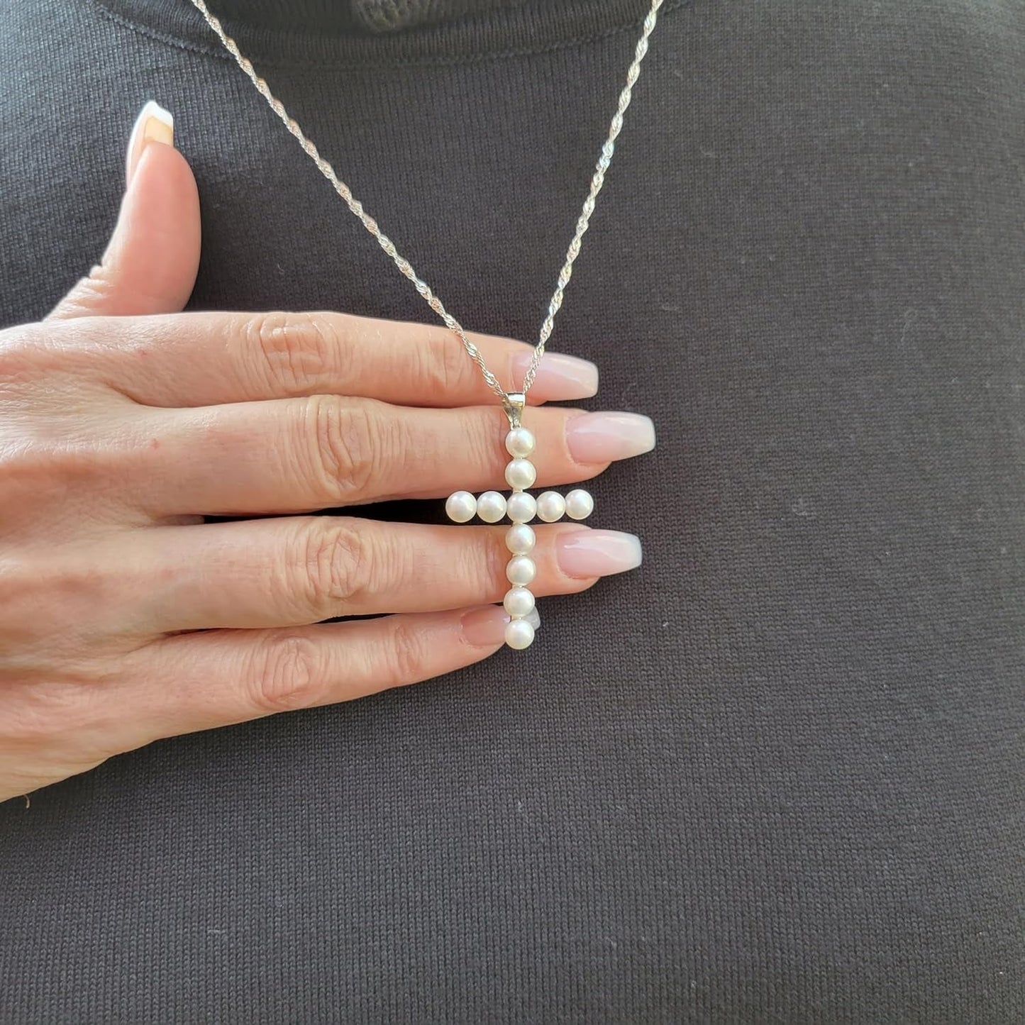Freshwater Pearl Cross Necklace - Adjustable 20" Pearl Cross Pendant - Silver Christian Jewelry - Faith Jewelry Gift for Christmas, Wedding, Anniversary