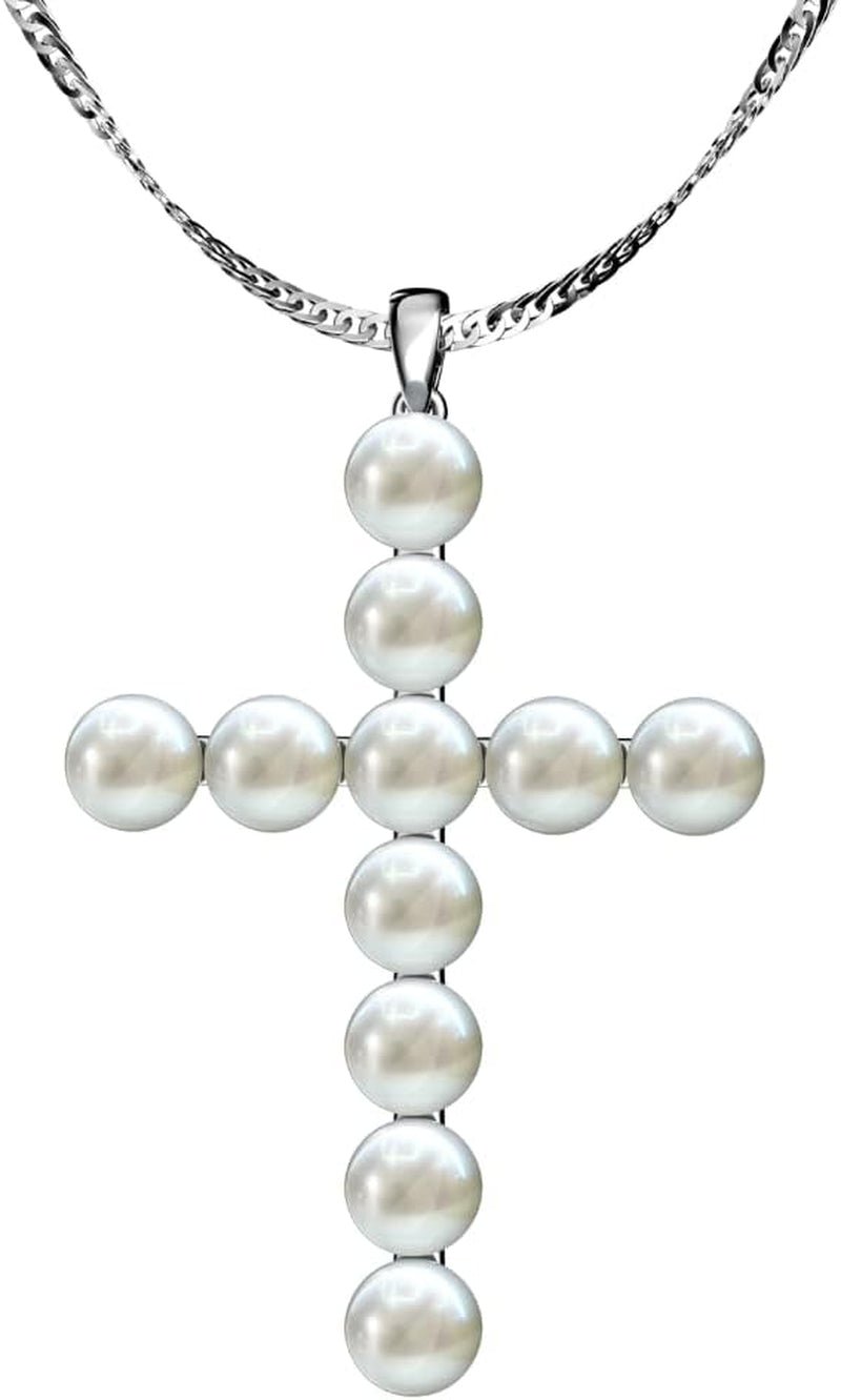 Freshwater Pearl Cross Necklace - Adjustable 20" Pearl Cross Pendant - Silver Christian Jewelry - Faith Jewelry Gift for Christmas, Wedding, Anniversary - WORLD TIME VISITS
