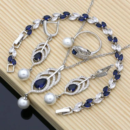Freshwater Pearls Silver 925 Bridal Jewelry Sets Blue Sapphire Beads Women Wedding Earrings/Pendant/Necklace/Ring/Bracelet - WORLD TIME VISITS