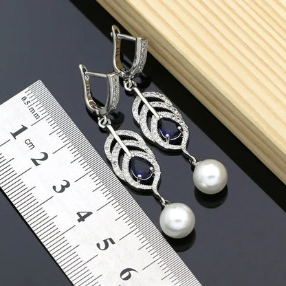 Freshwater Pearls Silver 925 Bridal Jewelry Sets Blue Sapphire Beads Women Wedding Earrings/Pendant/Necklace/Ring/Bracelet