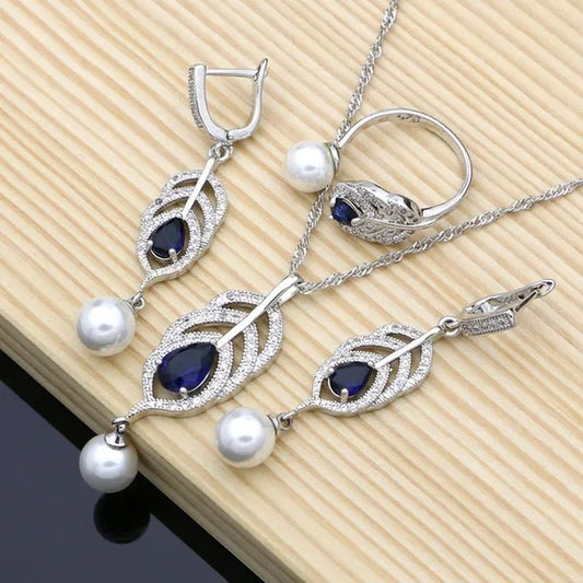 Freshwater Pearls Silver 925 Bridal Jewelry Sets Blue Sapphire Beads Women Wedding Earrings/Pendant/Necklace/Ring/Bracelet - WORLD TIME VISITS
