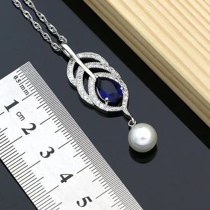 Freshwater Pearls Silver 925 Bridal Jewelry Sets Blue Sapphire Beads Women Wedding Earrings/Pendant/Necklace/Ring/Bracelet