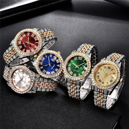 Full Bling Gold Large Diamond Watch for Men Iced-Out Hip Hop Mens Quartz Watches Waterproof Date Male Clock Gold Steel Relogio