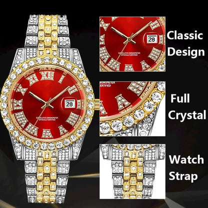 Full Bling Gold Large Diamond Watch for Men Iced-Out Hip Hop Mens Quartz Watches Waterproof Date Male Clock Gold Steel Relogio