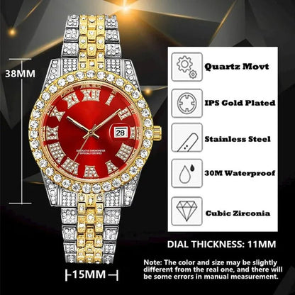 Full Bling Gold Large Diamond Watch for Men Iced-Out Hip Hop Mens Quartz Watches Waterproof Date Male Clock Gold Steel Relogio