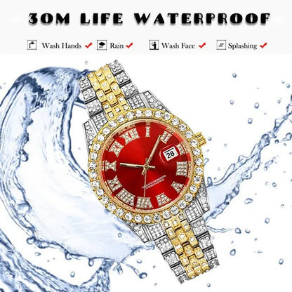 Full Bling Gold Large Diamond Watch for Men Iced-Out Hip Hop Mens Quartz Watches Waterproof Date Male Clock Gold Steel Relogio
