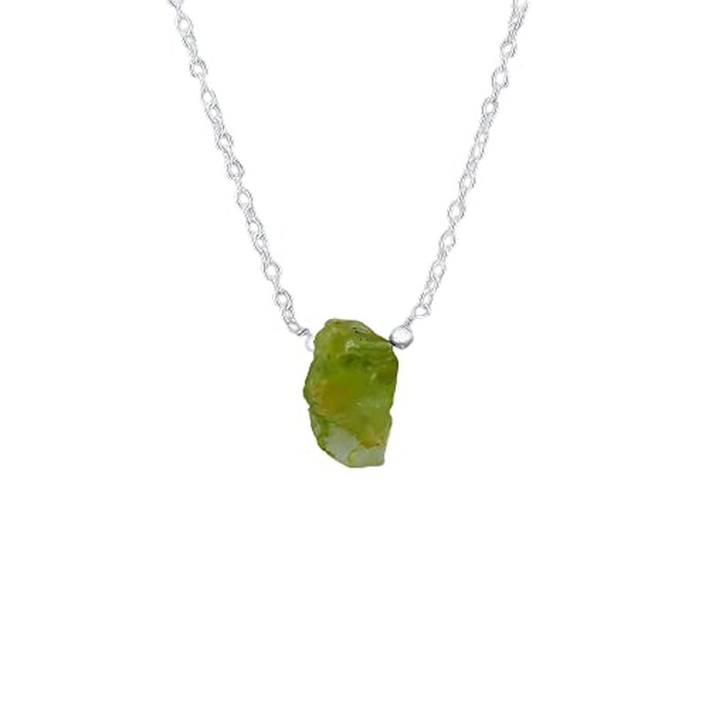 Gempires Raw Peridot Pendant Necklace, Peridot Crystal Pendant 10 - 14 Mm, August Birthstone Jewelry for Women, 16 + 2 Inch Silver Plated Adjustable Chain - WORLD TIME VISITS