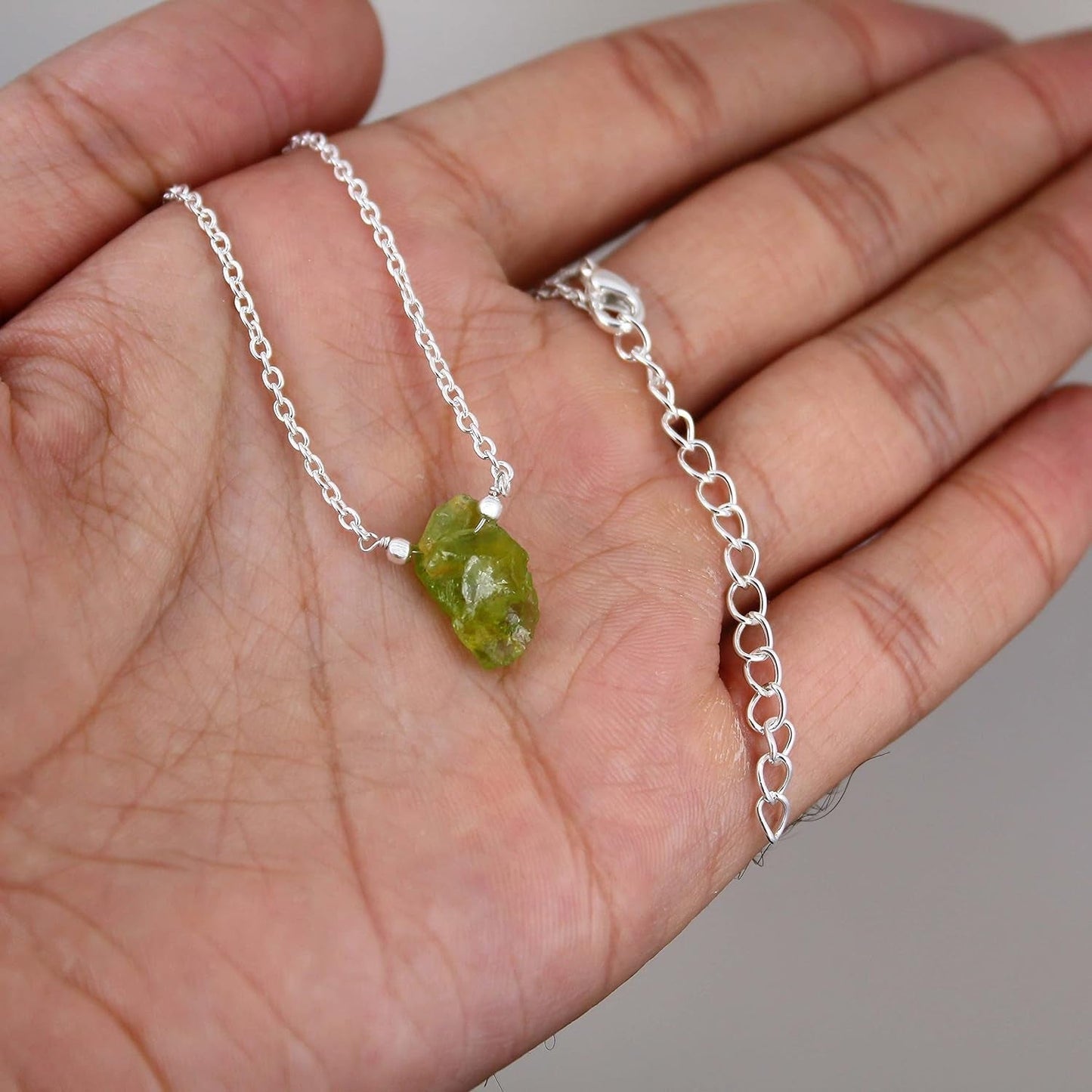Gempires Raw Peridot Pendant Necklace, Peridot Crystal Pendant 10-14 Mm, August Birthstone Jewelry for Women, 16 + 2 Inch Silver Plated Adjustable Chain