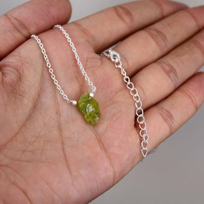 Gempires Raw Peridot Pendant Necklace, Peridot Crystal Pendant 10-14 Mm, August Birthstone Jewelry for Women, 16 + 2 Inch Silver Plated Adjustable Chain