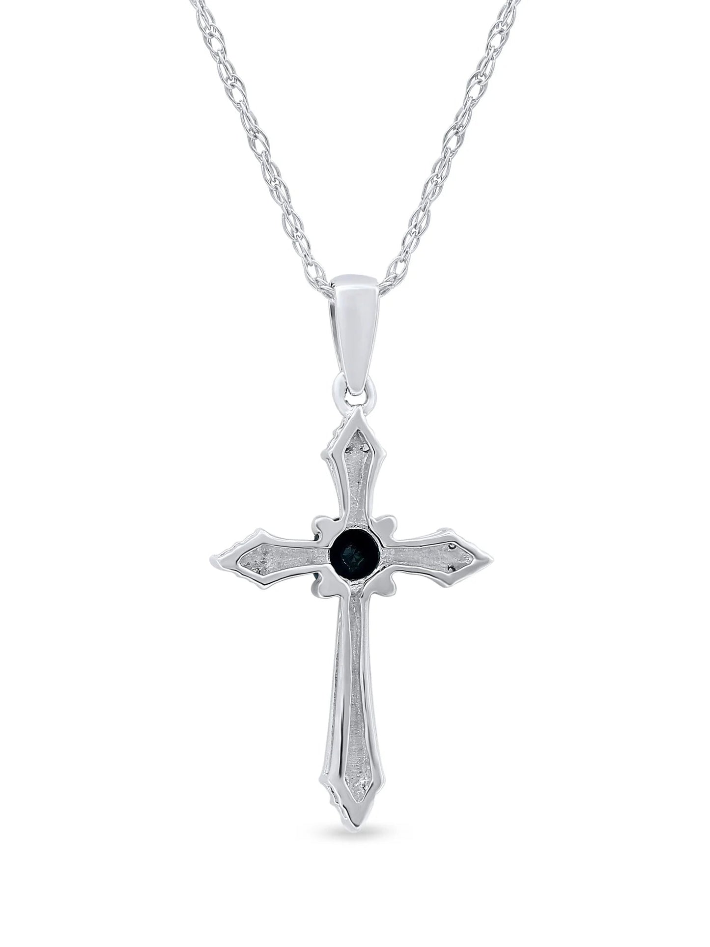 Gemstone 10K White Gold round Cut Blue Sapphire Diamond Accent Cross Necklace