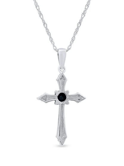 Gemstone 10K White Gold round Cut Blue Sapphire Diamond Accent Cross Necklace