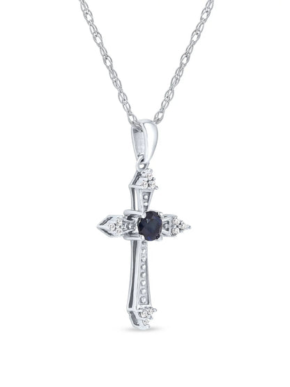 Gemstone 10K White Gold round Cut Blue Sapphire Diamond Accent Cross Necklace