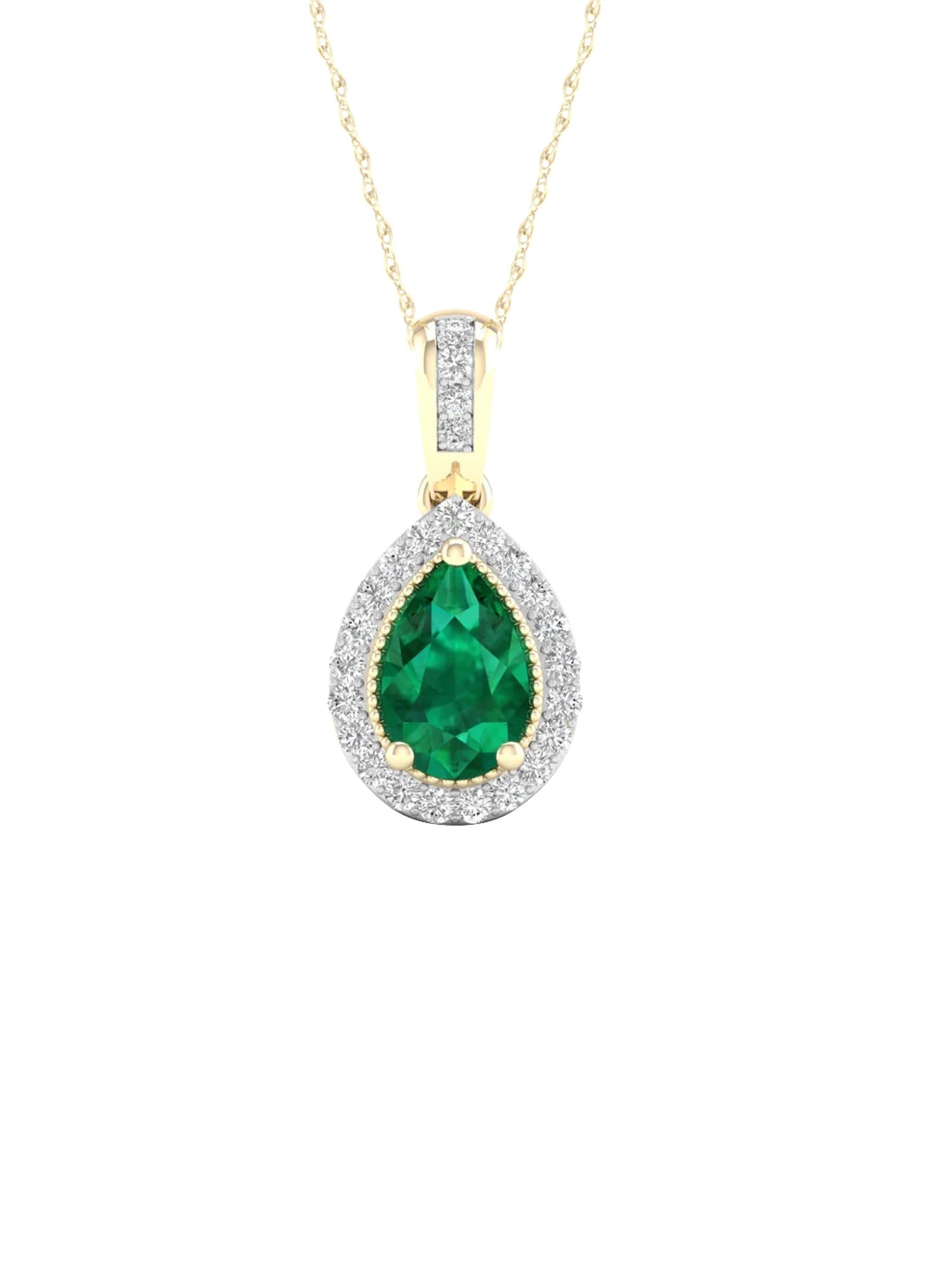 Gemstone 10K Yellow Gold Emerald 1/10 CT TW Diamond Halo Necklace - WORLD TIME VISITS