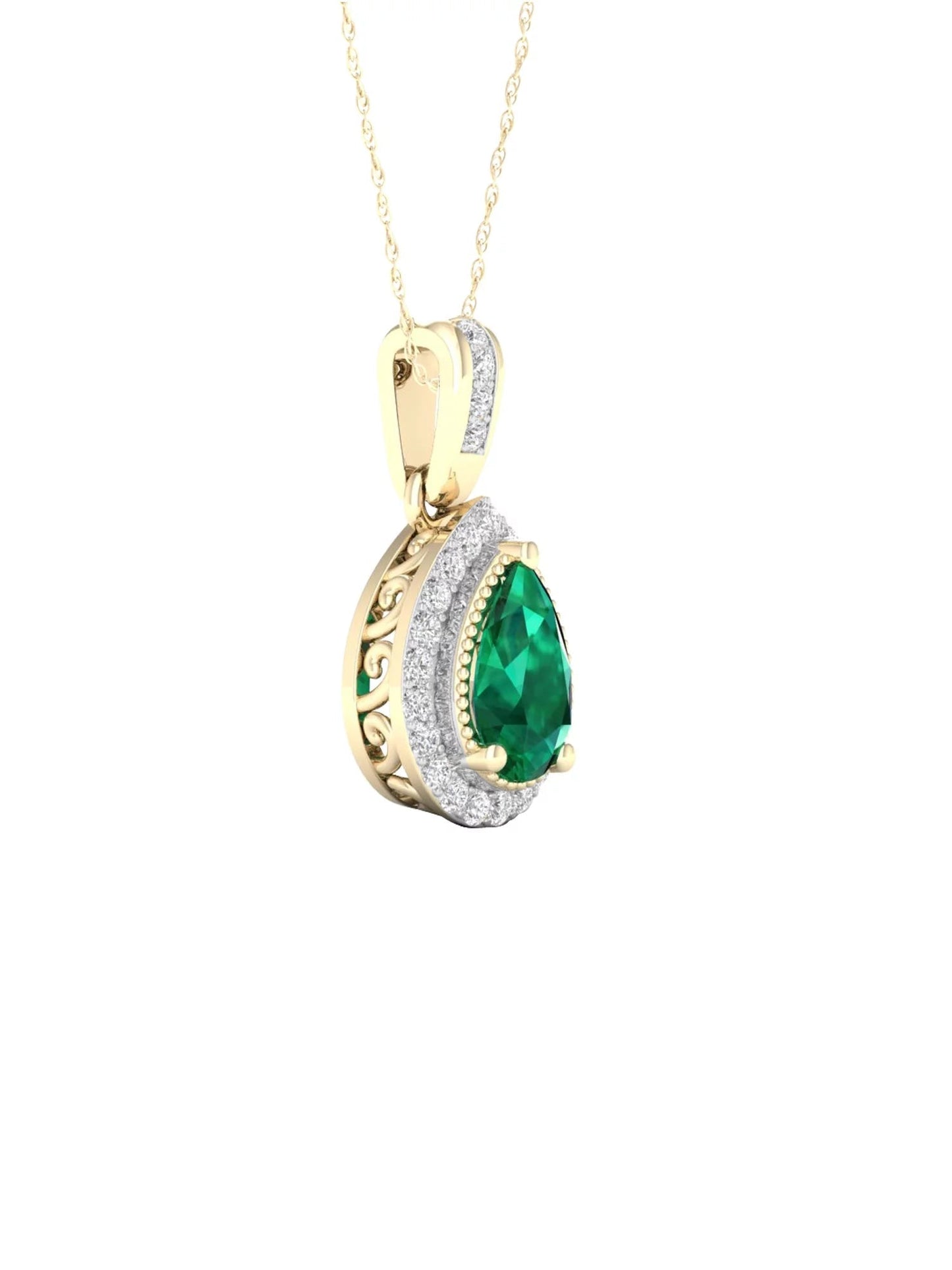 Gemstone 10K Yellow Gold Emerald 1/10 CT TW Diamond Halo Necklace