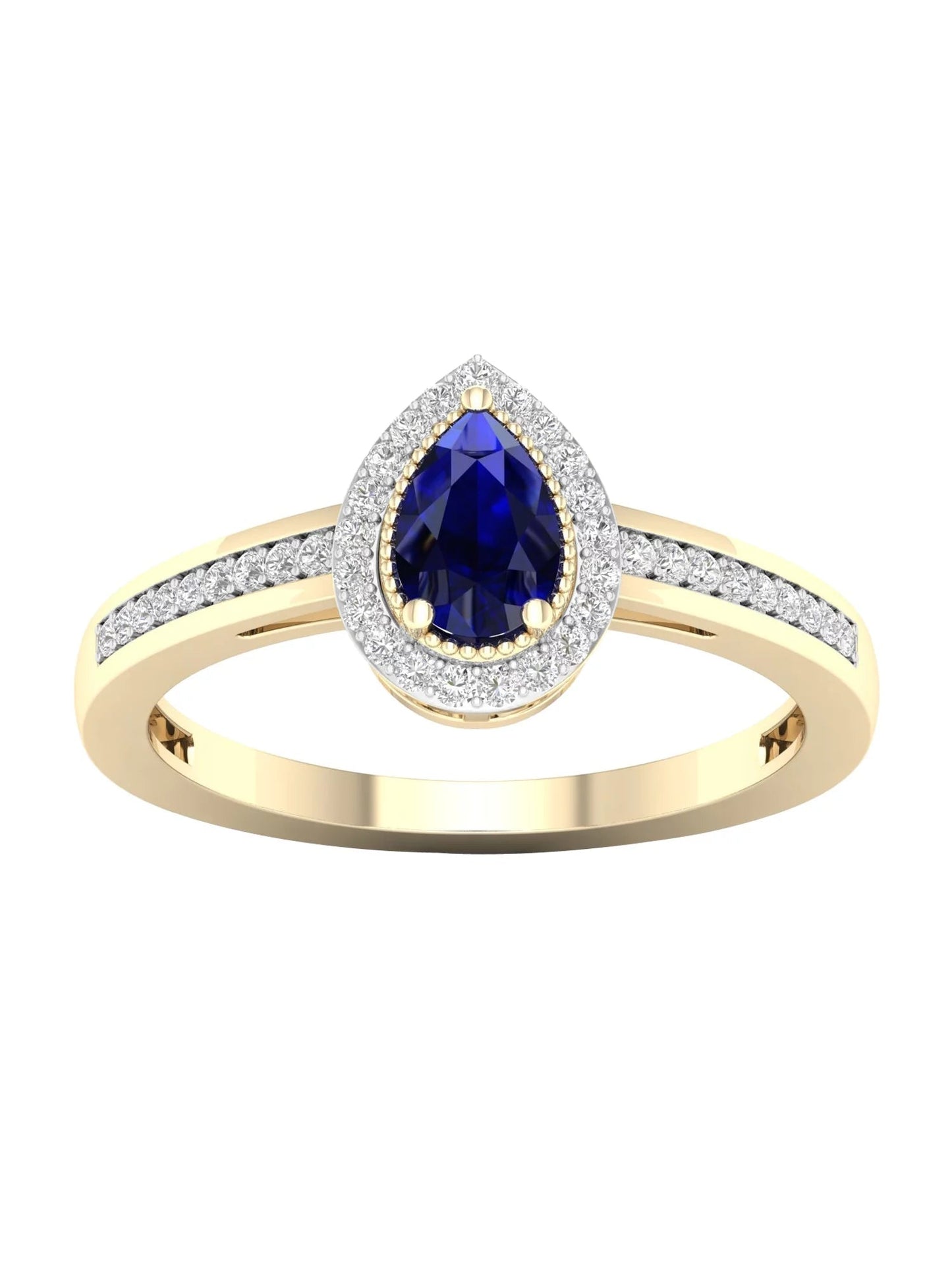Gemstone 10K Yellow Gold Pear Blue Sapphire 1/8 CT TW Diamond Halo Women'S Ring - WORLD TIME VISITS