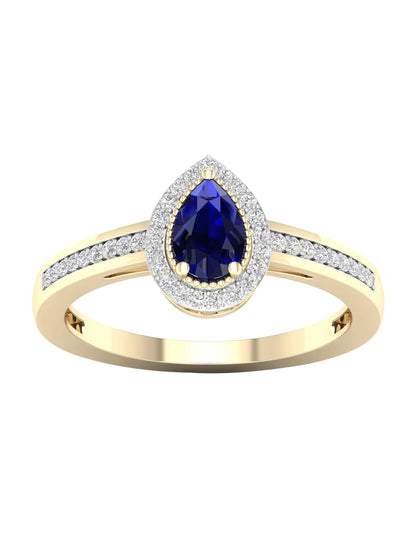 Gemstone 10K Yellow Gold Pear Blue Sapphire 1/8 CT TW Diamond Halo Women'S Ring - WORLD TIME VISITS