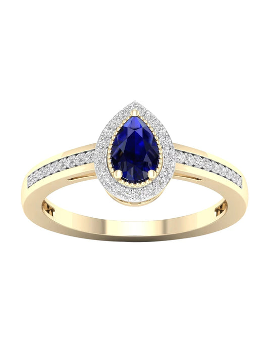 Gemstone 10K Yellow Gold Pear Blue Sapphire 1/8 CT TW Diamond Halo Women'S Ring - WORLD TIME VISITS