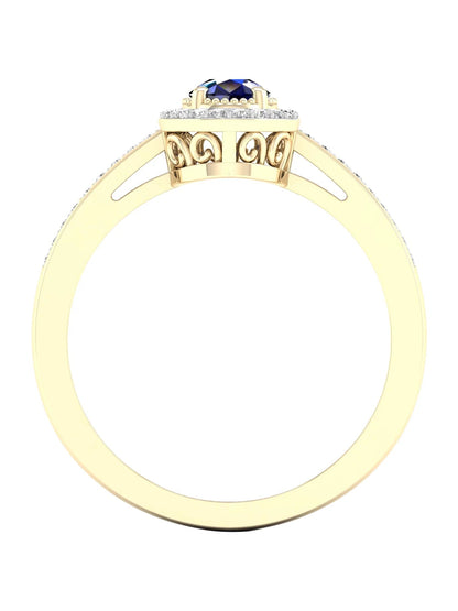 Gemstone 10K Yellow Gold Pear Blue Sapphire 1/8 CT TW Diamond Halo Women'S Ring