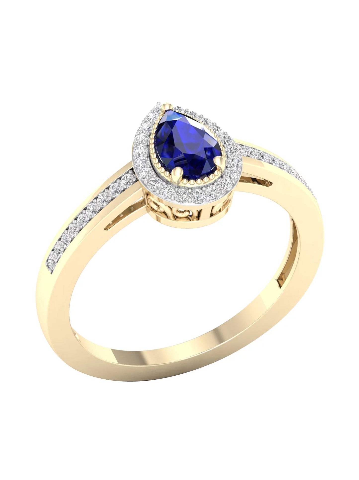 Gemstone 10K Yellow Gold Pear Blue Sapphire 1/8 CT TW Diamond Halo Women'S Ring - WORLD TIME VISITS