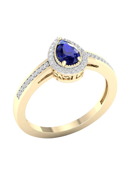 Gemstone 10K Yellow Gold Pear Blue Sapphire 1/8 CT TW Diamond Halo Women'S Ring - WORLD TIME VISITS