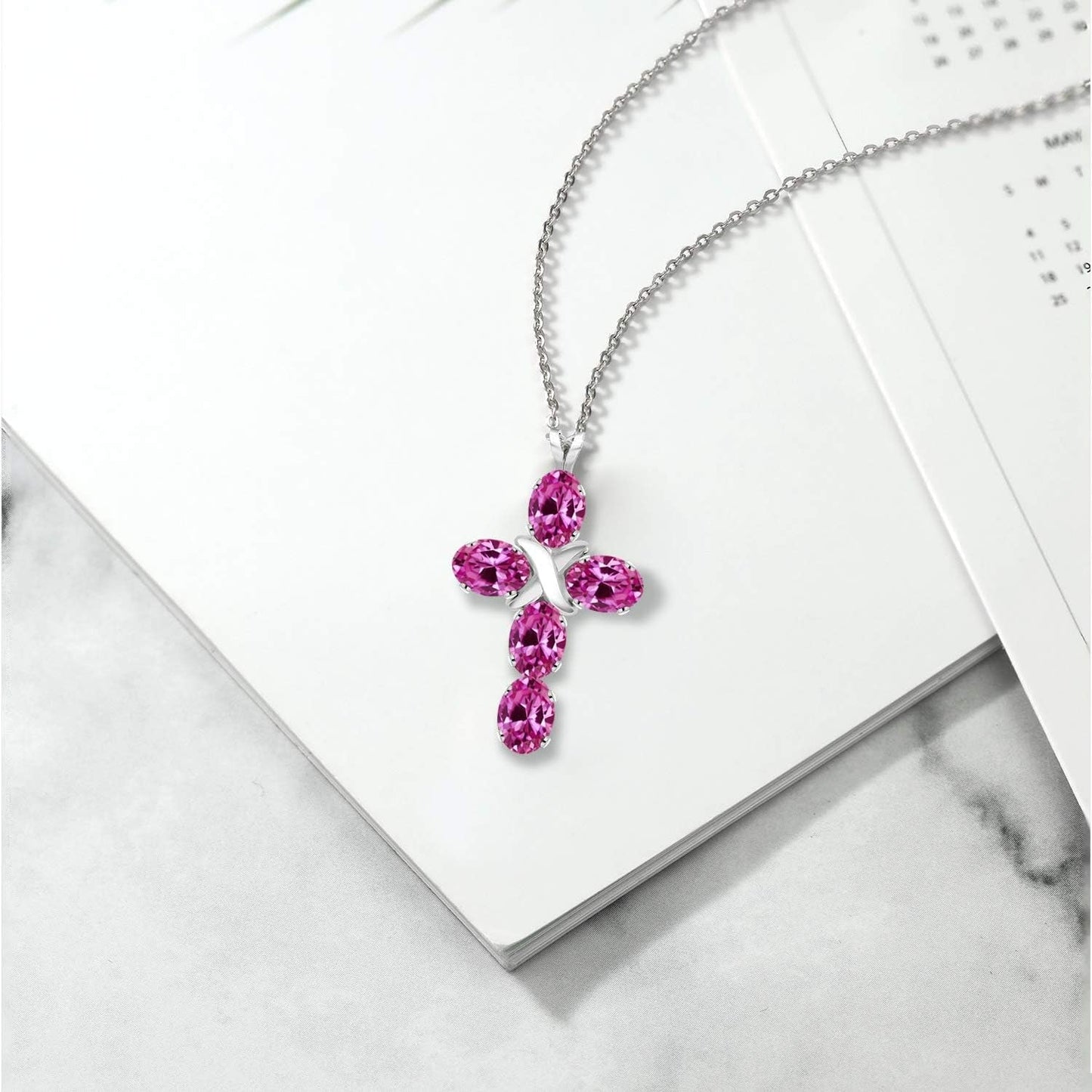 Gemstone Birthstone Cross Necklace | 925 Sterling Silver | Oval 6X4MM | Jesus Christian Reiligous Crucifix Jewelry Pendant Necklace for Women | with 18 Inch Silver Chain