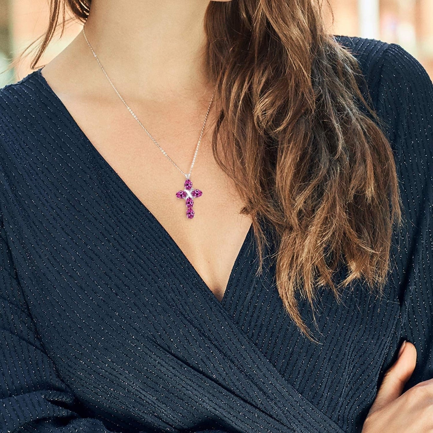 Gemstone Birthstone Cross Necklace | 925 Sterling Silver | Oval 6X4MM | Jesus Christian Reiligous Crucifix Jewelry Pendant Necklace for Women | with 18 Inch Silver Chain