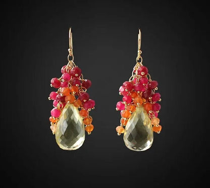 Gemstone Earrings Drop Earrings Ruby Earrings Cluster Earrings Lemon Topaz Earrings