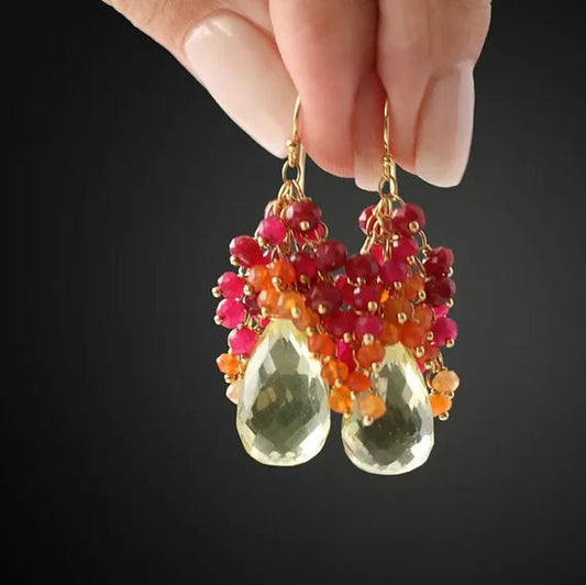 Gemstone Earrings Drop Earrings Ruby Earrings Cluster Earrings Lemon Topaz Earrings - WORLD TIME VISITS
