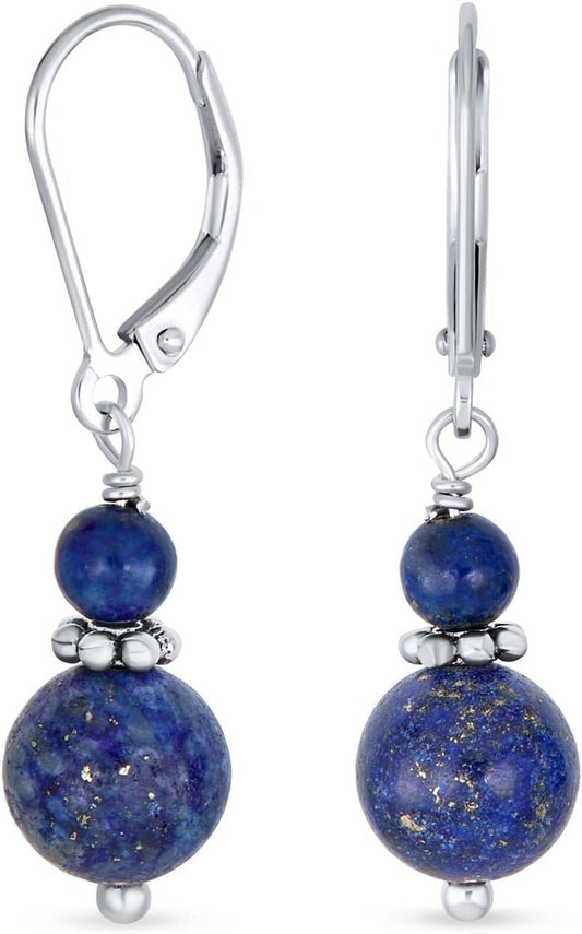 Gemstone Natural Blue Lapis Lazuli Red Carnelian Green Aventurine Boho Bali Milgrain Edged Beaded Rondel Separator Double Ball round Drop Dangle Earrings for Women Teen .925 Sterling Silver Lever Back - WORLD TIME VISITS