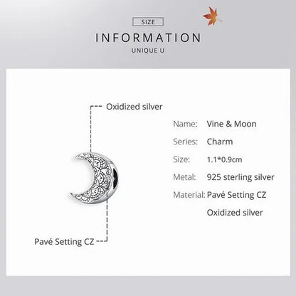Genuine 925 Sterling Silver Vine & Moon Beads Charm Fit Charm Bracelets DIY