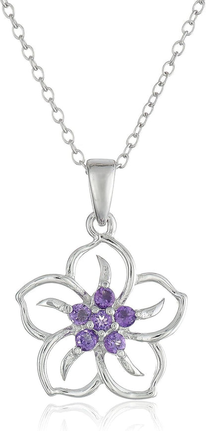 Genuine or Created Gemstone Birthstone Flower Pendant Necklace with Chain in Sterling Silver, 18" (Previously Amazon Collection) - WORLD TIME VISITS