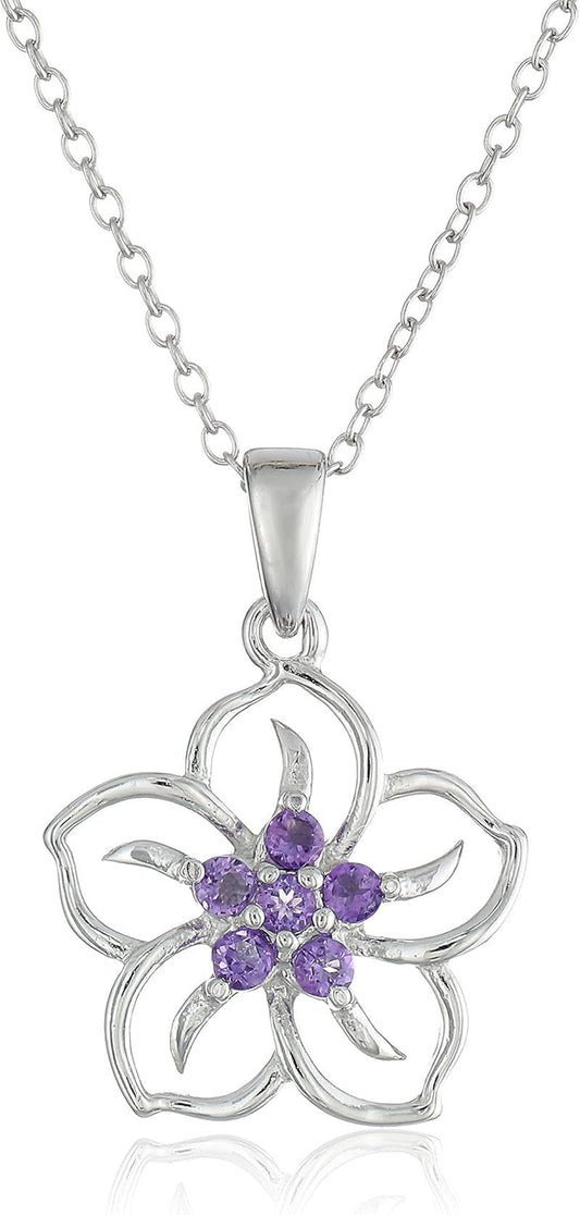 Genuine or Created Gemstone Birthstone Flower Pendant Necklace with Chain in Sterling Silver, 18" (Previously Amazon Collection) - WORLD TIME VISITS