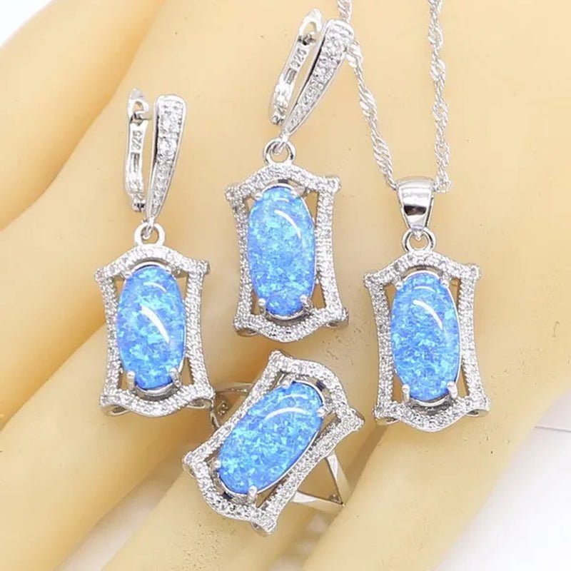 Geometric Blue Opal Silver Jewelry Sets For Women Bridal Necklace Earrings Rings Birthday Gift - WORLD TIME VISITS