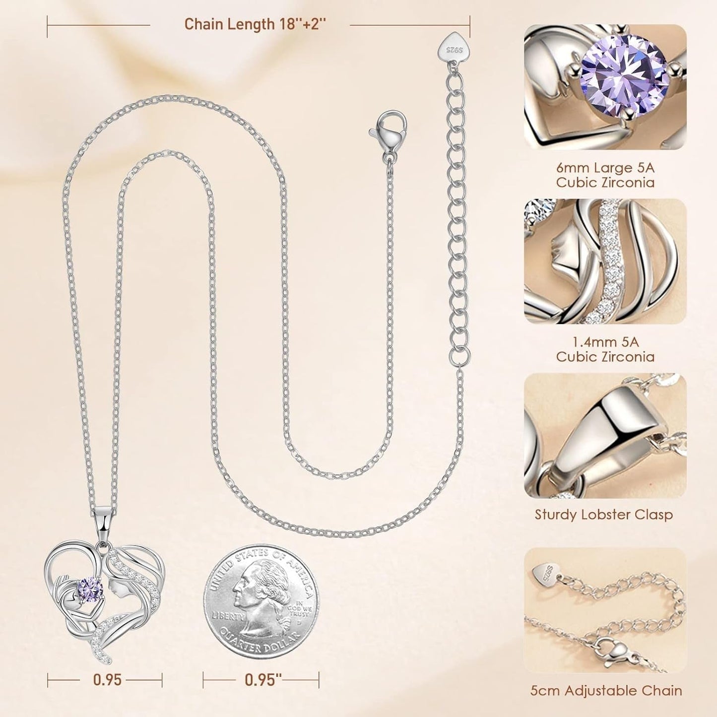 Gift for Mom, Mother and Child Love Heart Pendant Necklace, Mothers Day Gifts for Mom Women 925 Sterling Silver Necklace with Birthstone Necklaces for Mother'S Day Valentines Anniversary Christmas Birthday Gifts for Wife from Husband