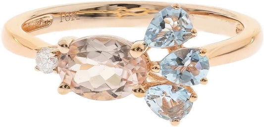 Gin and Grace 10K Rose Gold Genuine Aquamarine & Genuine Morganite Ring with Diamonds for Women Holiday Gifts | Ethically, Authentically & Organically Sourced (Oval & Pear) Shaped Aquamarine Hand - Crafted Jewelry for Her | Aquamarine Ring for Women Holiday - WORLD TIME VISITS