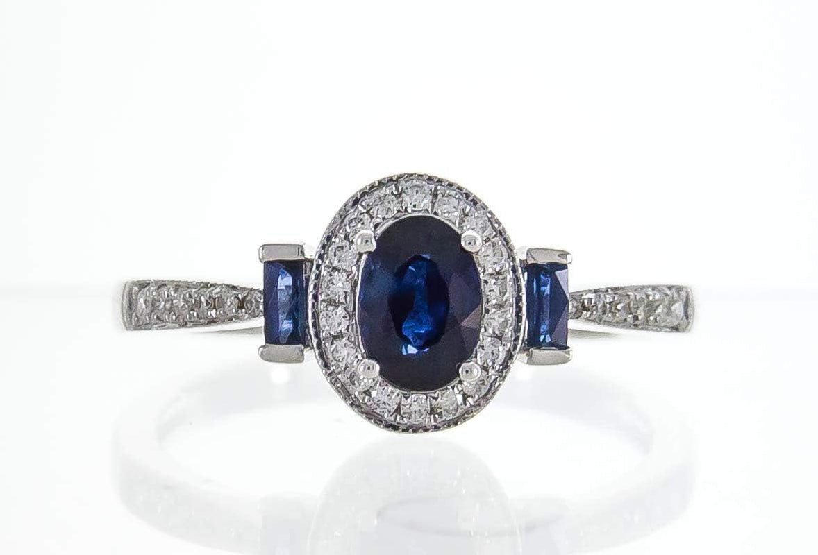 Gin and Grace 10K White Gold Genuine Blue Sapphire Ring with Diamonds for Women | Ethically, Authentically & Organically Sourced (Oval-Cut) Shaped Sapphire Hand-Crafted Jewelry for Her | Sapphire Ring for Women
