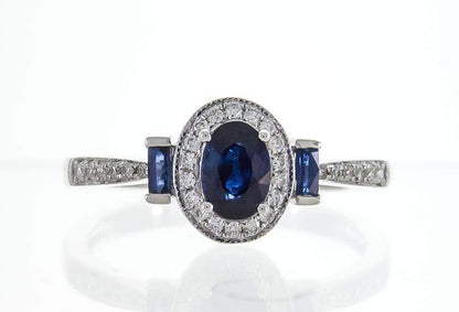 Gin and Grace 10K White Gold Genuine Blue Sapphire Ring with Diamonds for Women | Ethically, Authentically & Organically Sourced (Oval-Cut) Shaped Sapphire Hand-Crafted Jewelry for Her | Sapphire Ring for Women