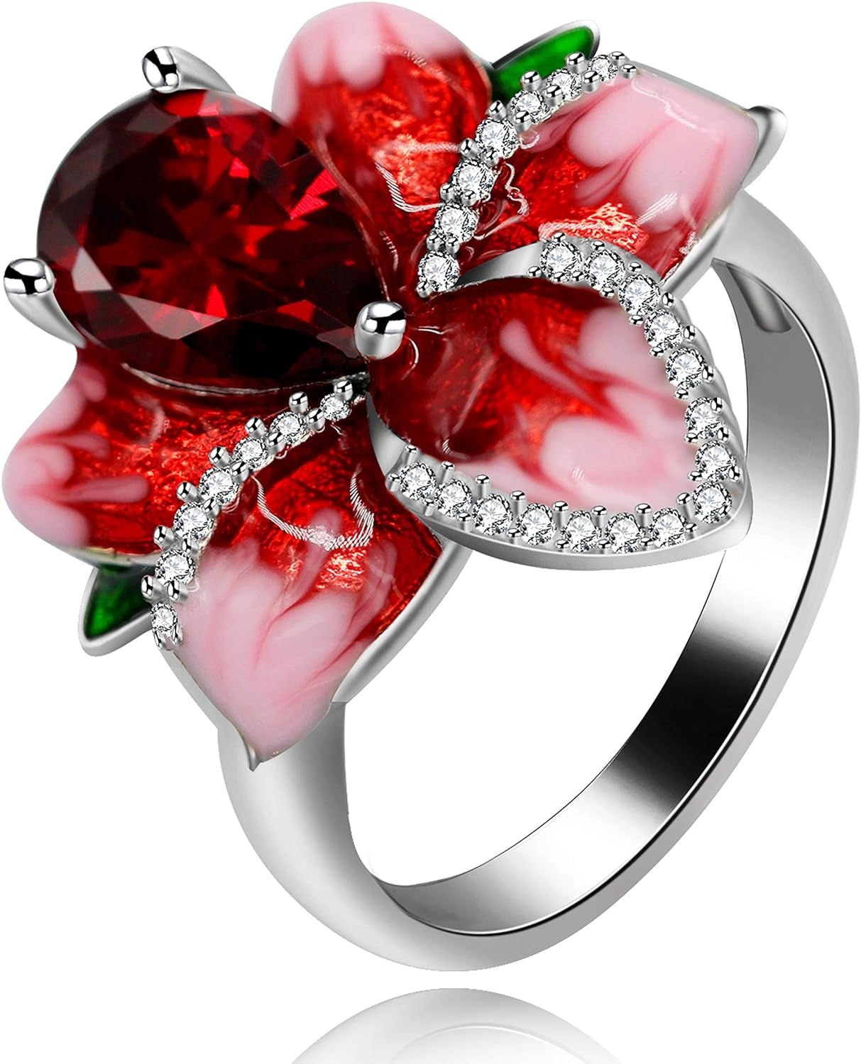 Girl'S Beautiful Red Enamel Rose Ring for Women Blossom Flower Rings with Pear Cut Cubic Zirconia Cocktail Summer Ring RA627 - WORLD TIME VISITS
