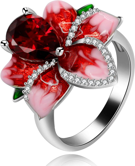 Girl'S Beautiful Red Enamel Rose Ring for Women Blossom Flower Rings with Pear Cut Cubic Zirconia Cocktail Summer Ring RA627 - WORLD TIME VISITS