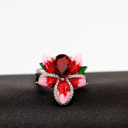 Girl'S Beautiful Red Enamel Rose Ring for Women Blossom Flower Rings with Pear Cut Cubic Zirconia Cocktail Summer Ring RA627