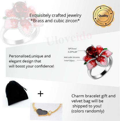 Girl'S Beautiful Red Enamel Rose Ring for Women Blossom Flower Rings with Pear Cut Cubic Zirconia Cocktail Summer Ring RA627