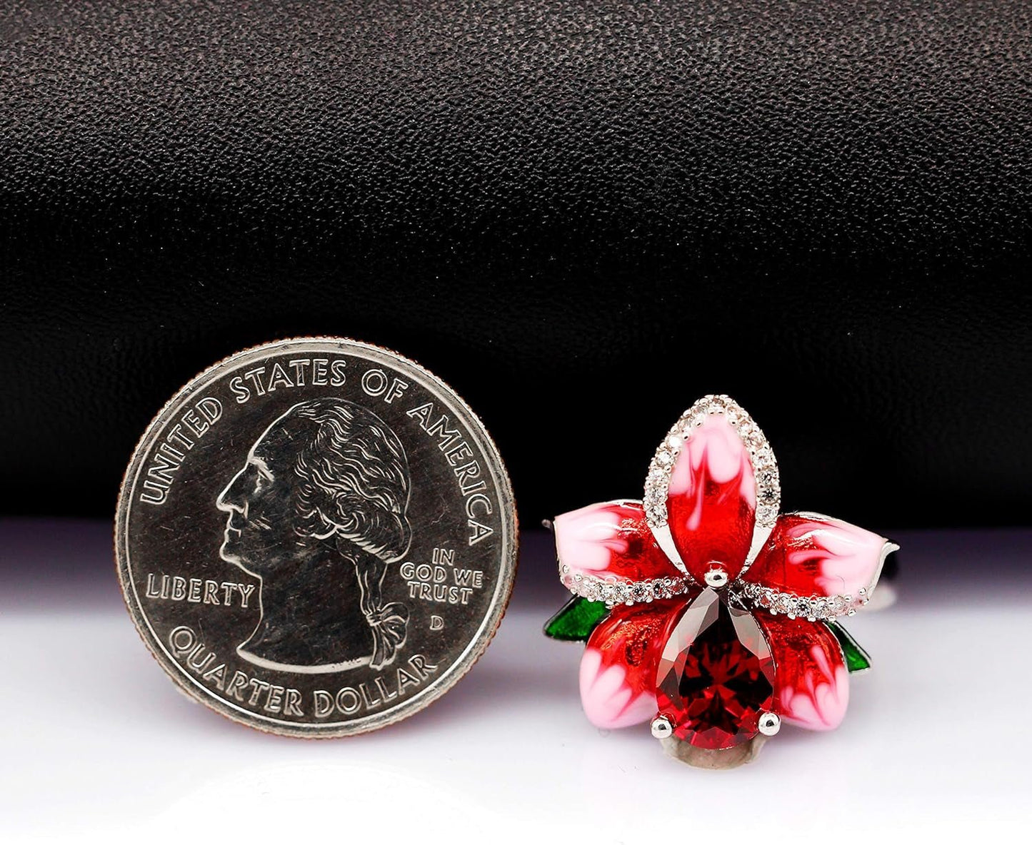 Girl'S Beautiful Red Enamel Rose Ring for Women Blossom Flower Rings with Pear Cut Cubic Zirconia Cocktail Summer Ring RA627