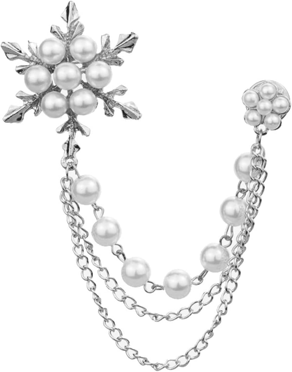Glittering Imitation Pearl Crystal Snowflake Flower Hanging Chain Brooch Pin for Women Men Fashion Snowflake Tassel Shirt Collar Lapel Pin Charming Clothes Bags Decoration Jewelry - WORLD TIME VISITS