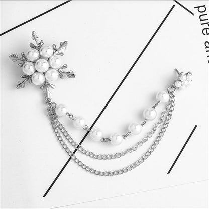 Glittering Imitation Pearl Crystal Snowflake Flower Hanging Chain Brooch Pin for Women Men Fashion Snowflake Tassel Shirt Collar Lapel Pin Charming Clothes Bags Decoration Jewelry