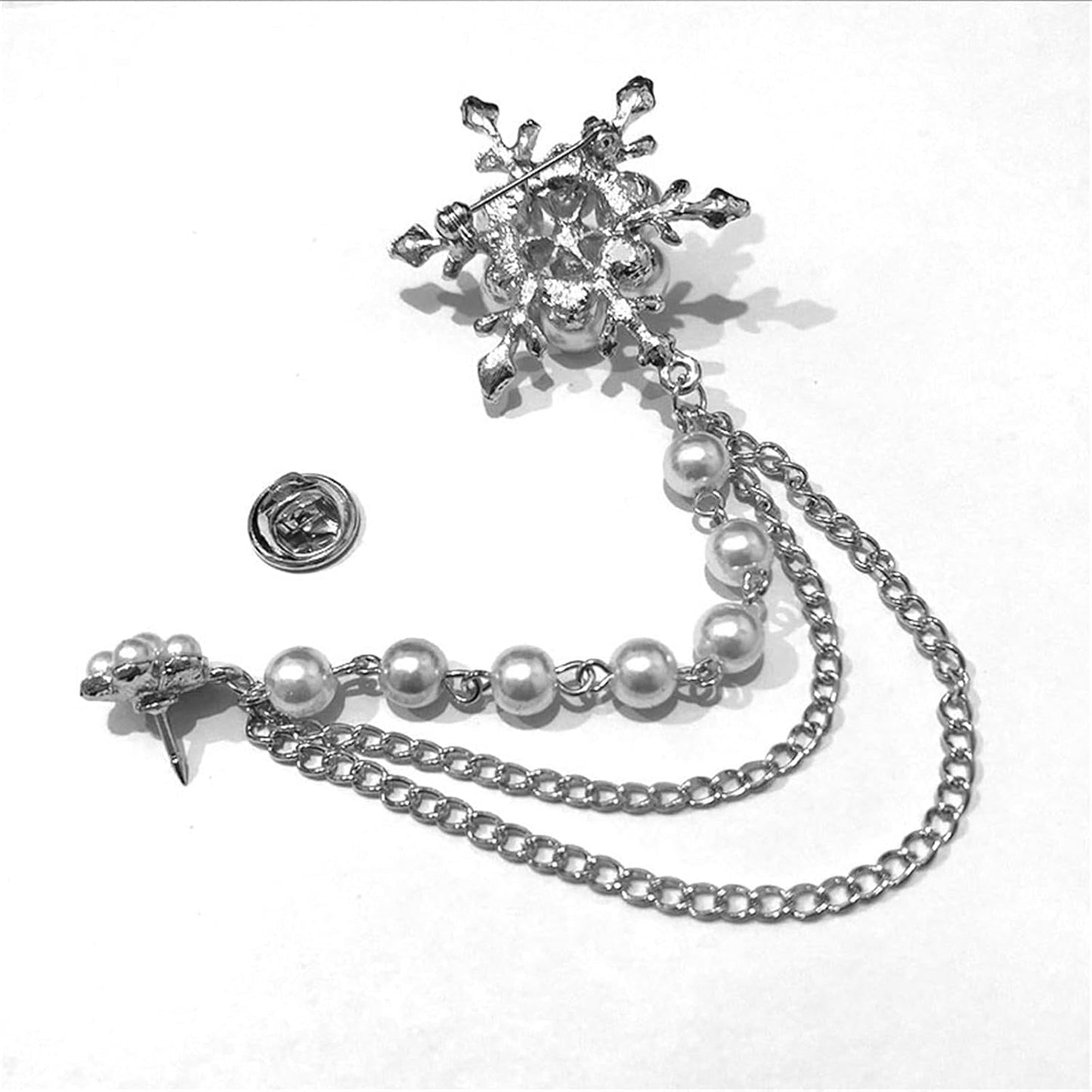 Glittering Imitation Pearl Crystal Snowflake Flower Hanging Chain Brooch Pin for Women Men Fashion Snowflake Tassel Shirt Collar Lapel Pin Charming Clothes Bags Decoration Jewelry